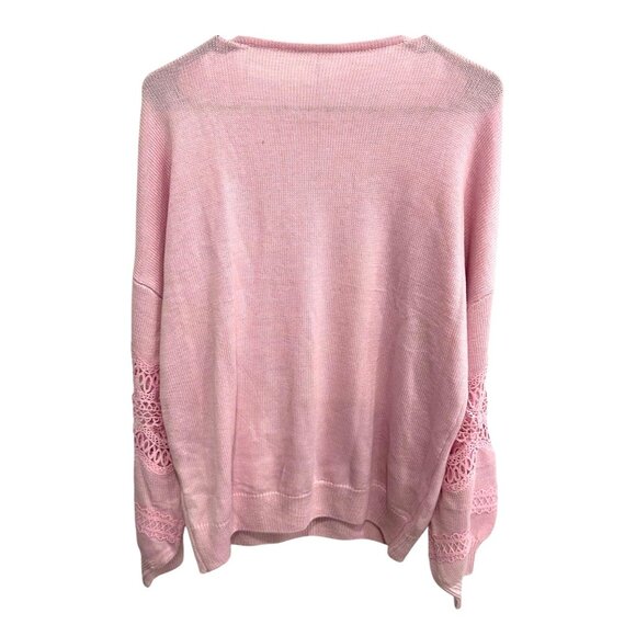 Relaxed Fit Pink Lace Trimmed Deep V Neck Sweater SZ Large Crochet Detail - Picture 2 of 10